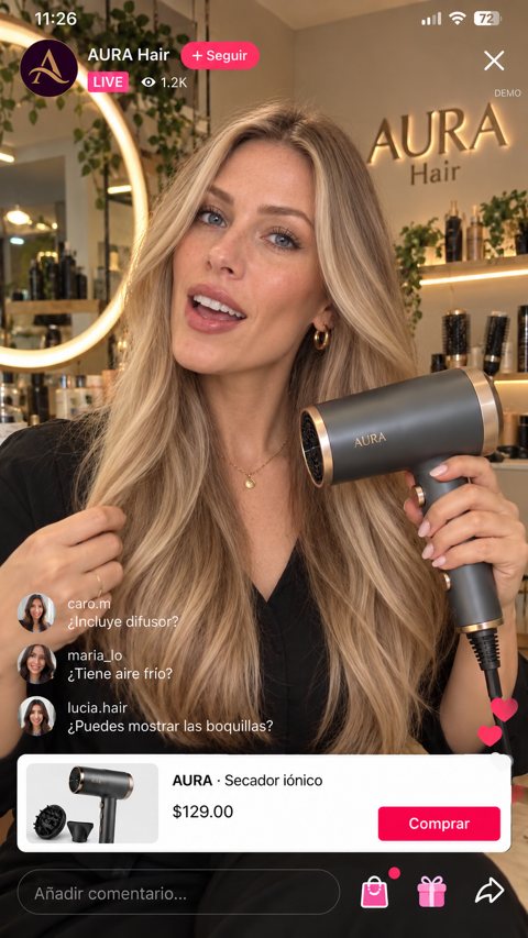 TikTok Live de AURA Hair: host mostrando un secador iónico