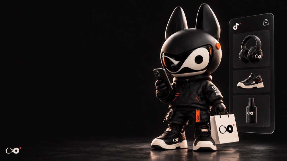 ORDER_01, la mascota de Nowconomy, con un celular y una bolsa de compras junto a una pantalla de TikTok Shop