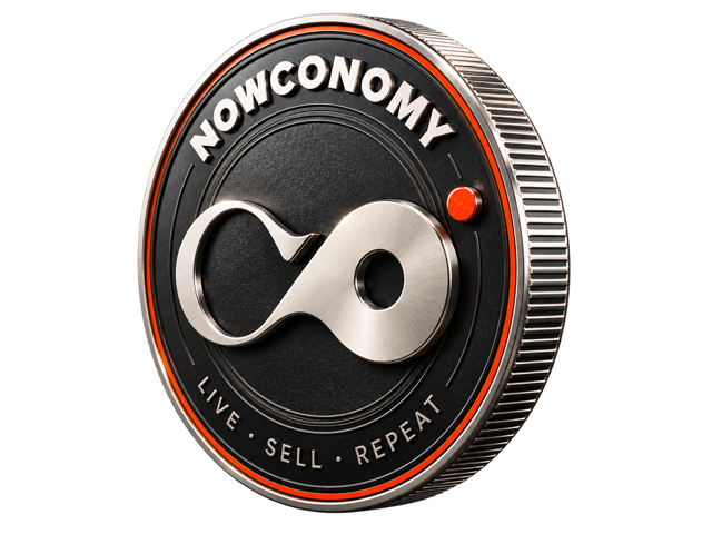 Moneda Nowconomy con el lema Live, Sell, Repeat