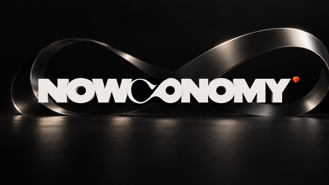 Logotipo tridimensional de NOWCONOMY sobre una cinta metálica en forma de infinito