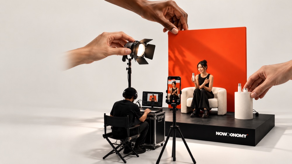 Set de producción de Nowconomy: host en un sillón frente a un fondo naranja, productor con laptop y luces de estudio